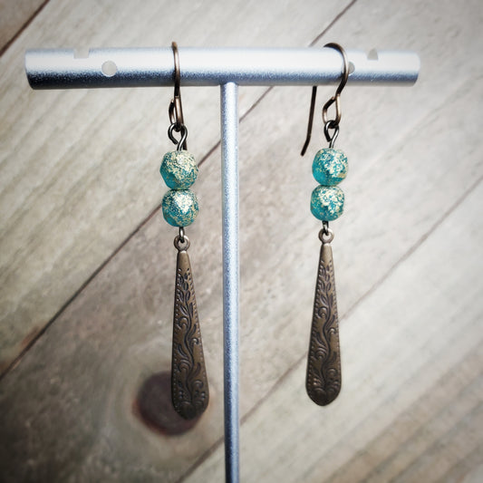 Brass Long Drop Teal Earrings