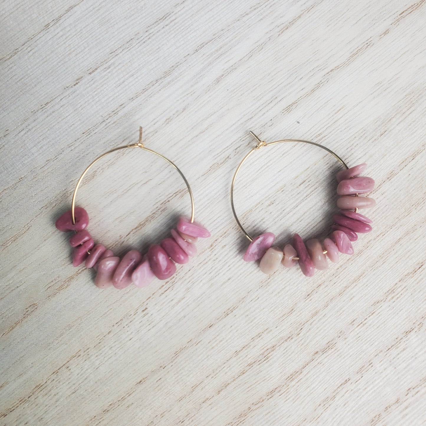 Rhodonite Gemstone Gold Hoops